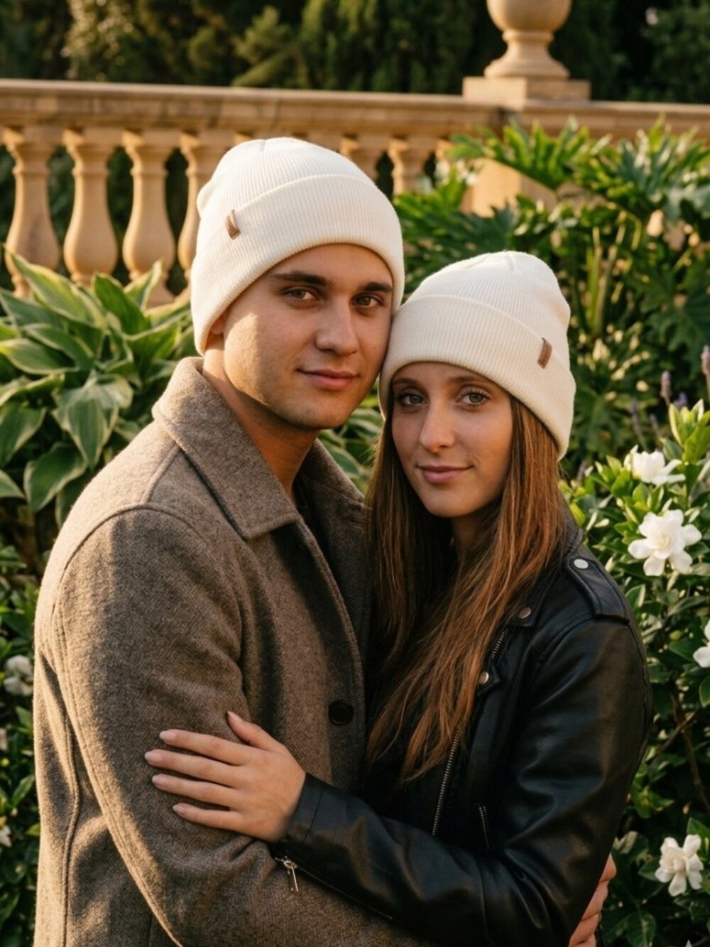 Beanies Matching Couple – Elegant Ribbed Knit White Winter Hats Set (FURTALK)